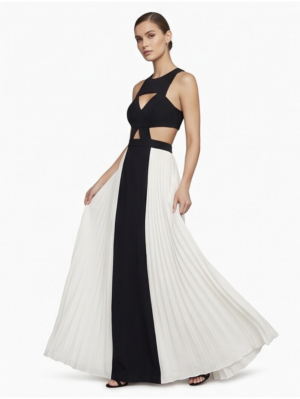 BCBGMAXAZRIA Giselle Size 2 Black Ivory Cutout Pleated Maxi Dress Formal Gown